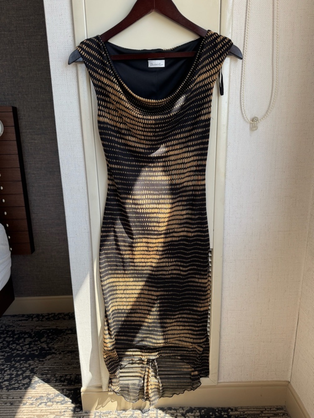 Vintage Y2K Charlotte Russe Black and Gold Sleeveless Cowl Neck Dress XS 90s